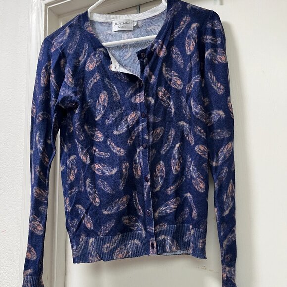Miss Jolie London Feather Print Cardigan | Navy Blue Long Sleeve Sweater Small - Picture 1 of 3